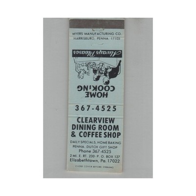 Matchbook Cover Clearview Dining Room & Coffee Shop Elizabethtown PA #3