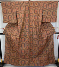 Japanese Vintage Kimono Silk Brown Tumugi Traditional Authentic Length 64 in