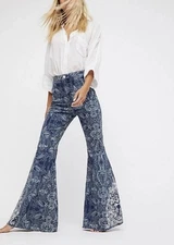 FREE PEOPLE Float On Flare Jeans Blue Paisley Print Embroidered Boho Size 27