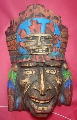 Geschnitzte Holz Maya Art Zeremonien Maske Wandbehang leuchtende Farben 44 cm Azteken 