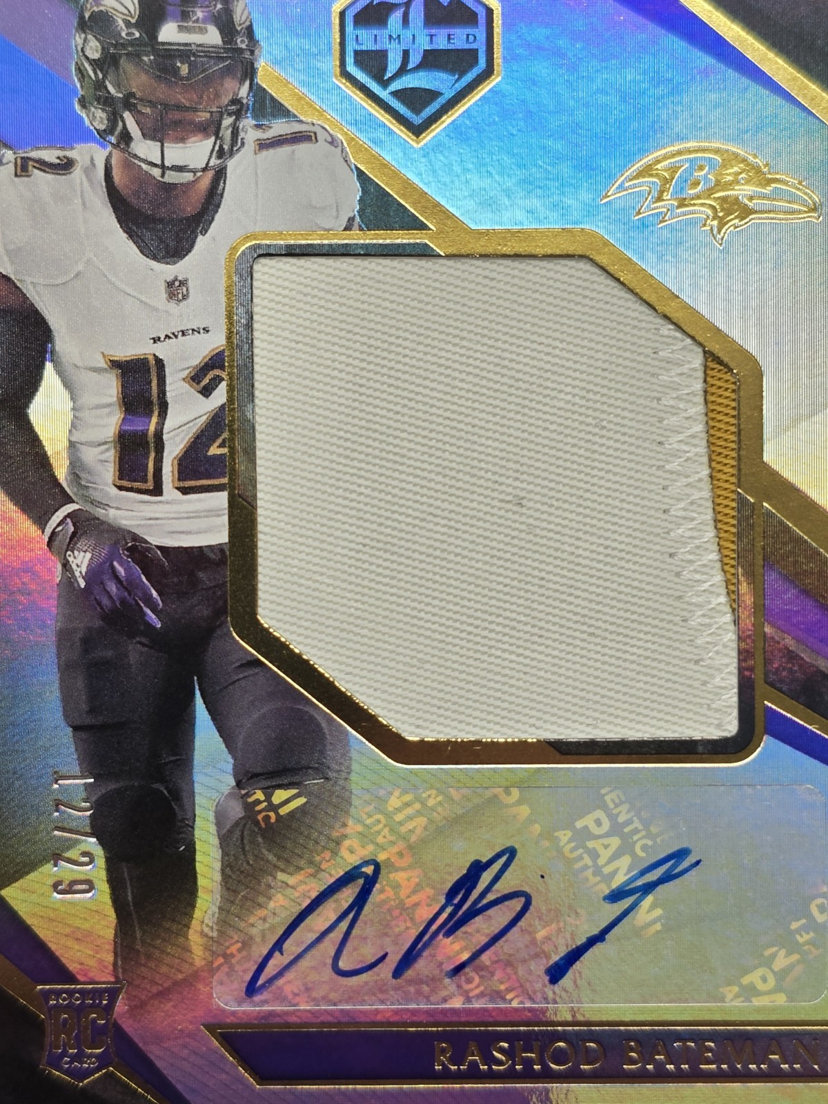 2021 Limited Spotlight Holographic /29 Rashod Bateman RPA Rookie Patch Auto RC view 5