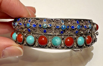 Handgefertigtes chinesisches Export Cloisonne Emaille Türkis Koralle Silber 44,2 g Armband