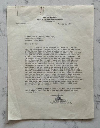 WW2 BRIGADIER GENERAL A. OWEN SEAMAN SIGNED LETTER TLS AUTOGRAPH 1/4/1939