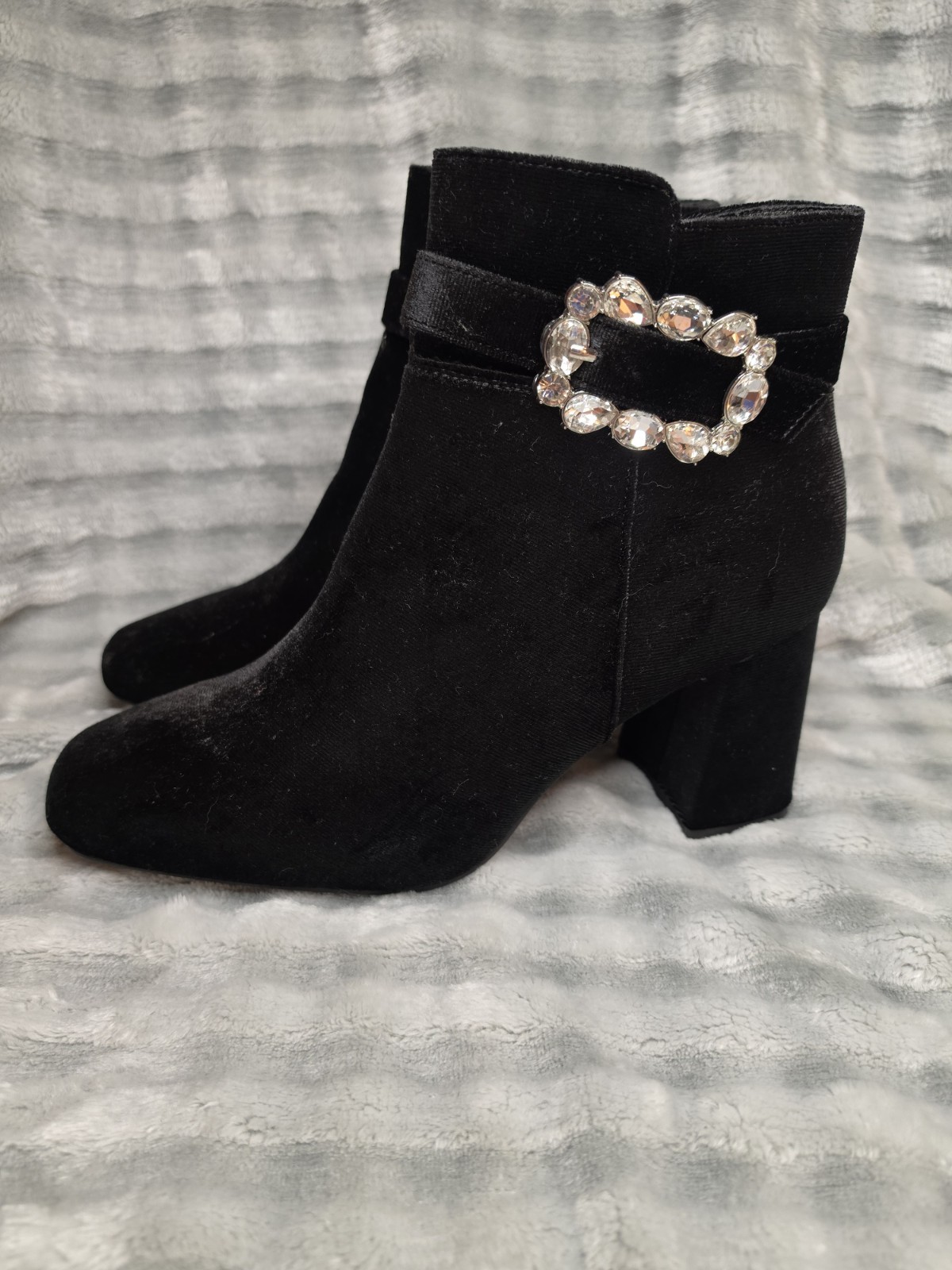 Black Suede Booties Boots Womens With Diamond Buckle Size 9