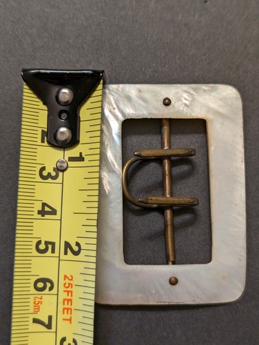 Vintage Antique Mother of Pearl Boho Rectangular Shell Belt Buckle w Brass Claw - Picture 3 of 5