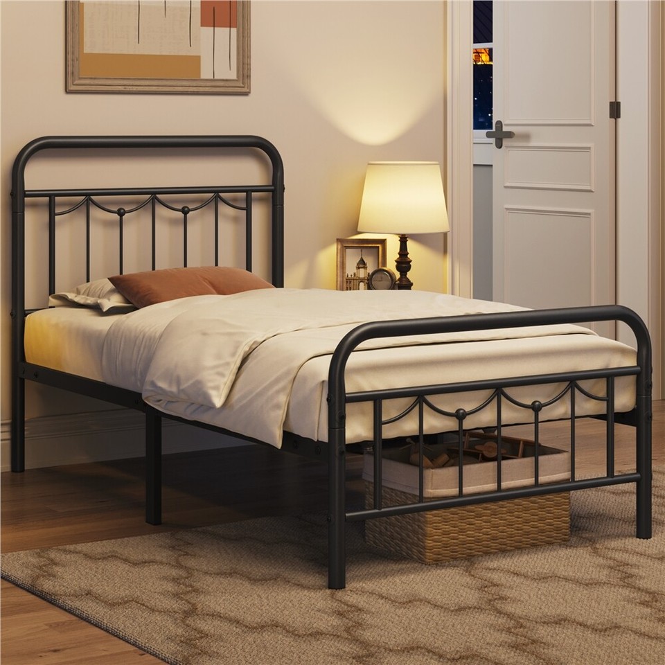 Metal Platform Bed Frame with Petal Accented Headboard Queen