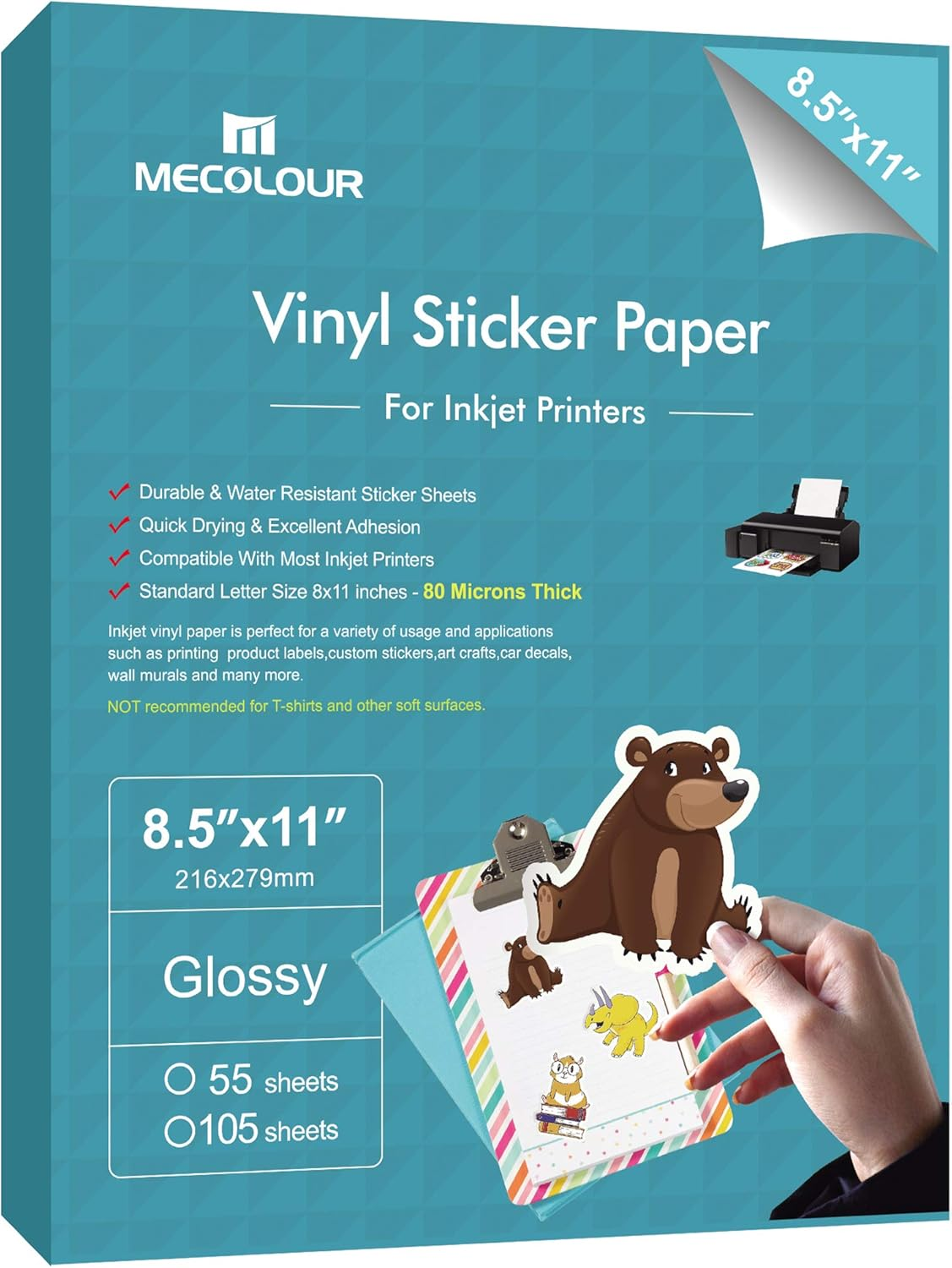 Printable Glossy Sticker Paper for Inkjet Printer & Laser Printer 8.5