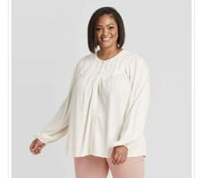 Women's Long Sleeve Button-Front Blouse -A New Day Cream SZ S
