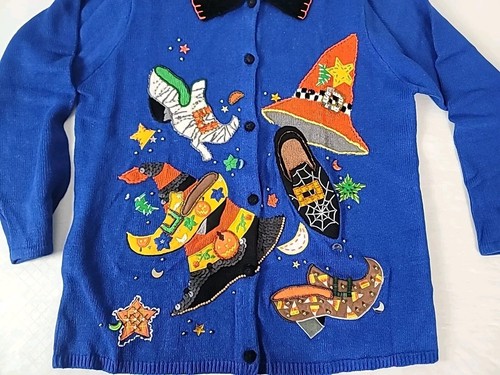 Quater Factory Cardigan Sweater L Blue Halloween Sequins Hats Shoes Moon Stars - Picture 2 of 12