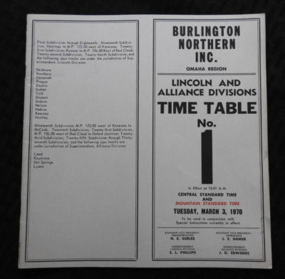 #ad 1970 Burlington Northern Railway TIMETABLE No. 1 Lincoln Alliance Omaha Division $24.95