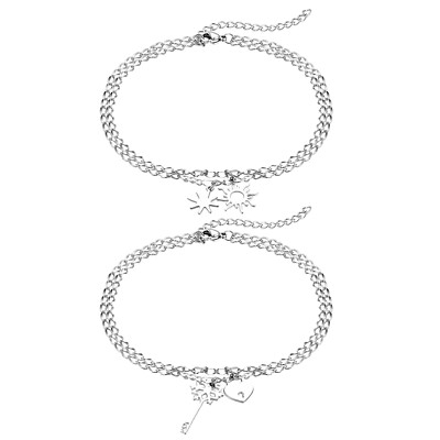 Women Girls Sun Heart Lock Stainless Steel Dangle Double Chain Bracelet Gift