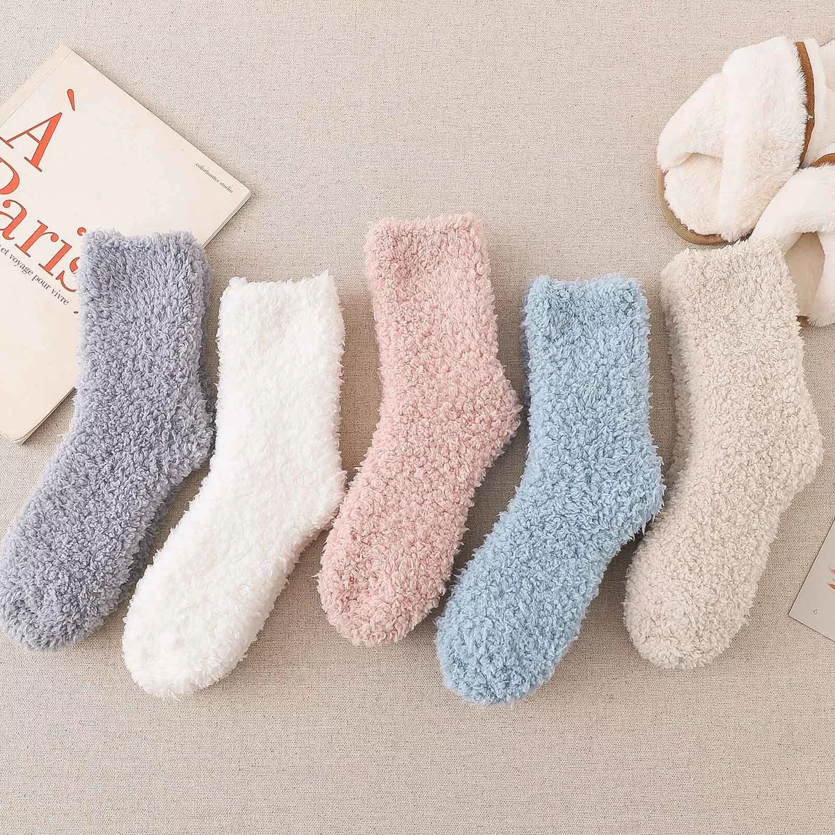 Women Fuzzy Socks Winter Coral Fleece Socks Middle Cute Home Solid