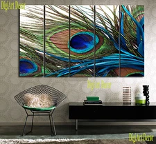 PEACOCK FEATHER 5 piece mounted on MDF panel wall art prints/surpassed stretched