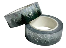 Sticker / Masking / Washi Tape - Snowy Green Forest with Silver Foil Snowflakes