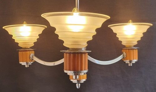 1930'S ART DECO CHANDELIER - BUTTERSCOTCH BAKELITE & CHROME METAL CEILING LIGHT - Picture 12 of 24