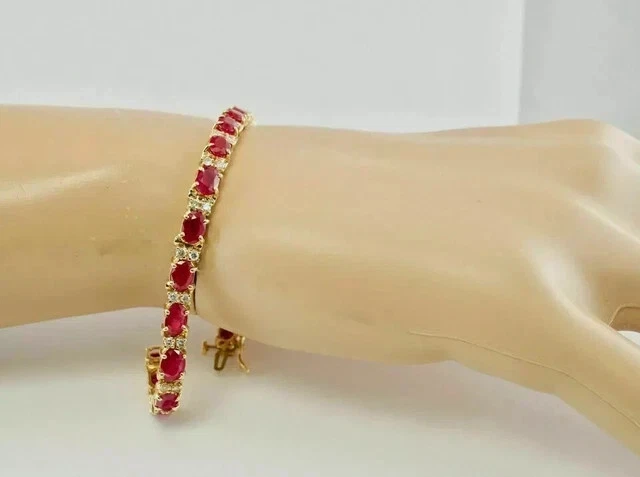 12Ct Oval Lab-Created Pink Ruby Women's Tennis Bracelet 14K Yellow Gold Plated - Image 2 of 3