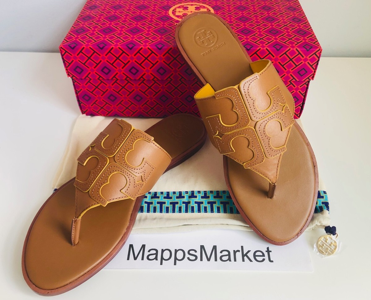 NIB TORY BURCH Jamie Full Logo Leather Thong Sandals in Royal Tan