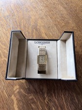 Vintage Longines Quartz 18K Gold Plated Rectangular Tank Watch Date Box + Links