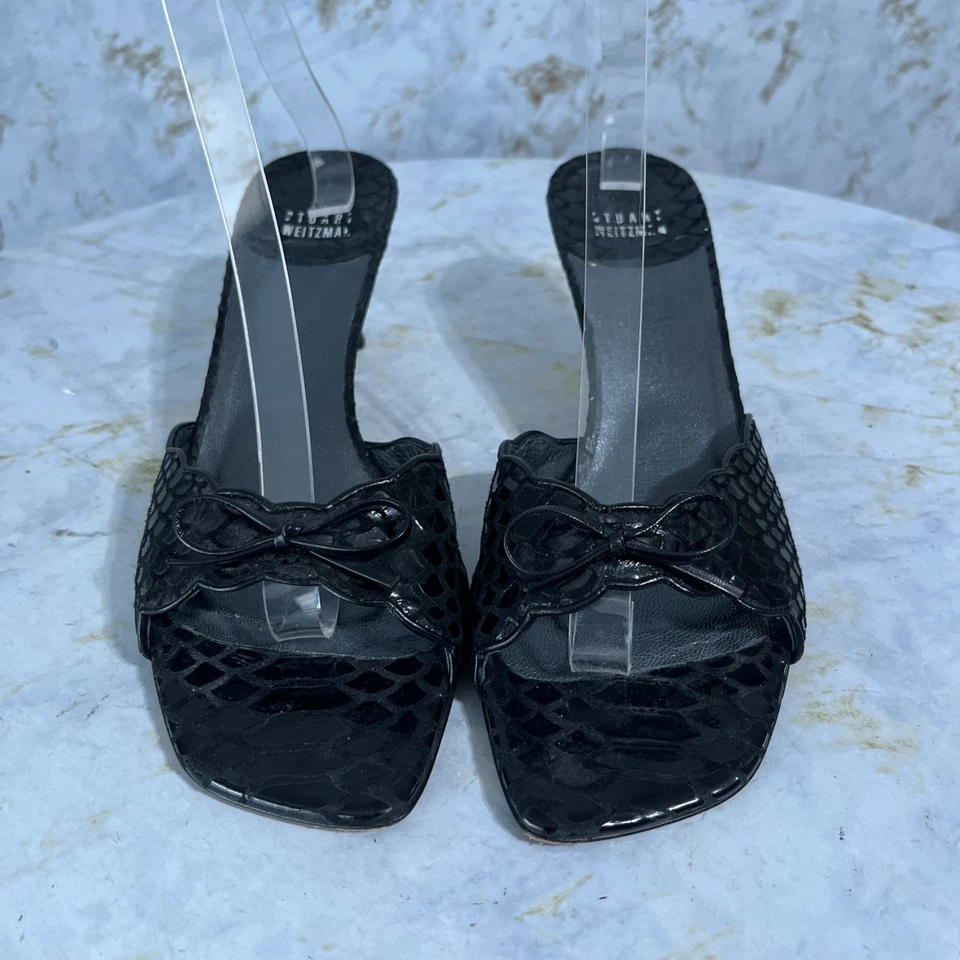 Stuart Weitzman 女式 9M 码鞋黑色皮革蝴蝶结活动职业时尚鞋跟 — 第 3/4 张图片