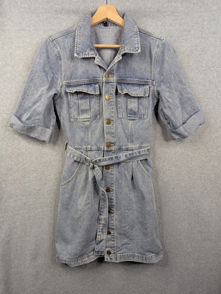 Staple The  Label Dress Womens 10 Blue Denim 1/2 Sleeved Belted Pockets Short