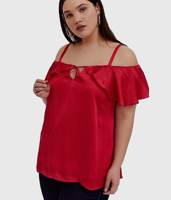 TORRID (0X)  12 Red Chiffon Cold Shoulder Blouse Split neck  Opaque Top