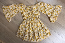 Vicky and Lucas Off Shouder Floral Mustard Ruffle Mini Dress Flared Sleeves Sz S