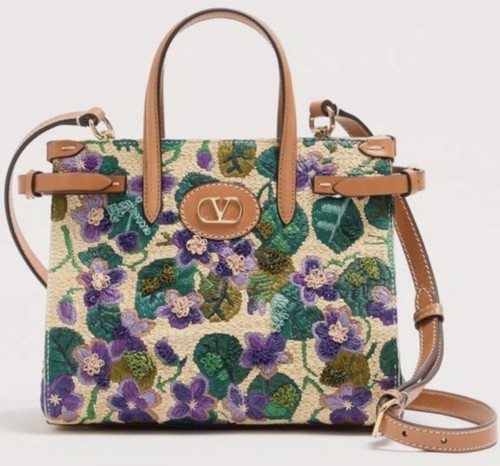 $4850 NEW Valentino Antibes Small Purple Violet Flower Tan Raffia Tote Bag