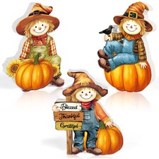 3 Pcs Fall Wooden Scarecrow Decorations Orange Green Blue