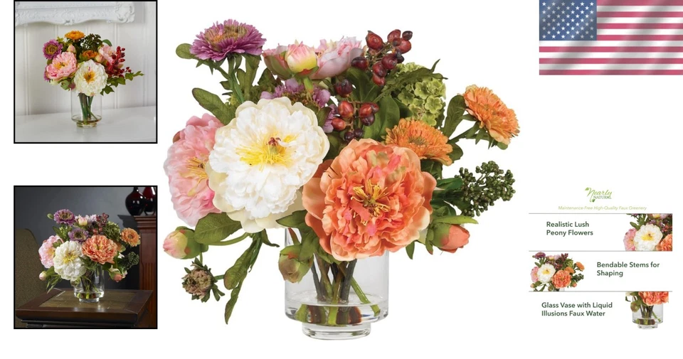 10-дюймовая реалистичная мини-аранжировка шелкового пиона в стеклянной вазе — круглогодичная красота - Изображение 2 из 4