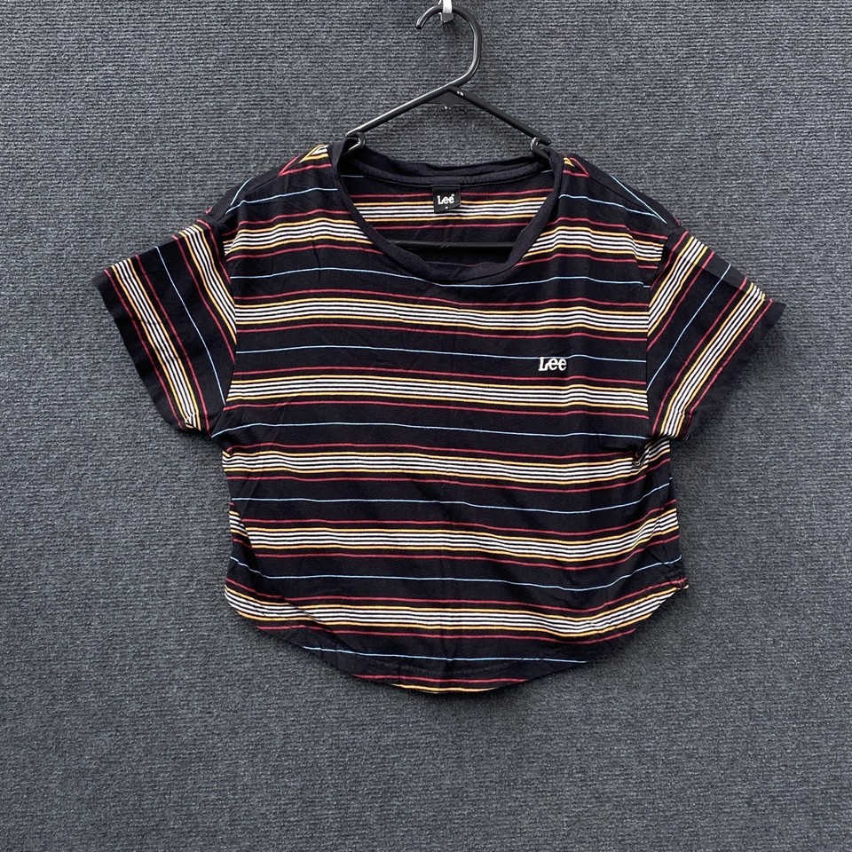 Lee Womens Cropped T-Shirt Top Black Multi Stripe Short Sleeve Casual Size 8