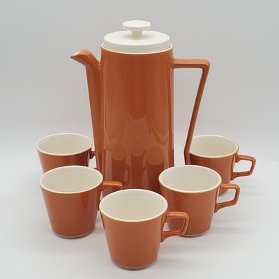 MCM Orbit Coffee Pot  Homer Laughlin Malibu Gold white with 6  coffee cups