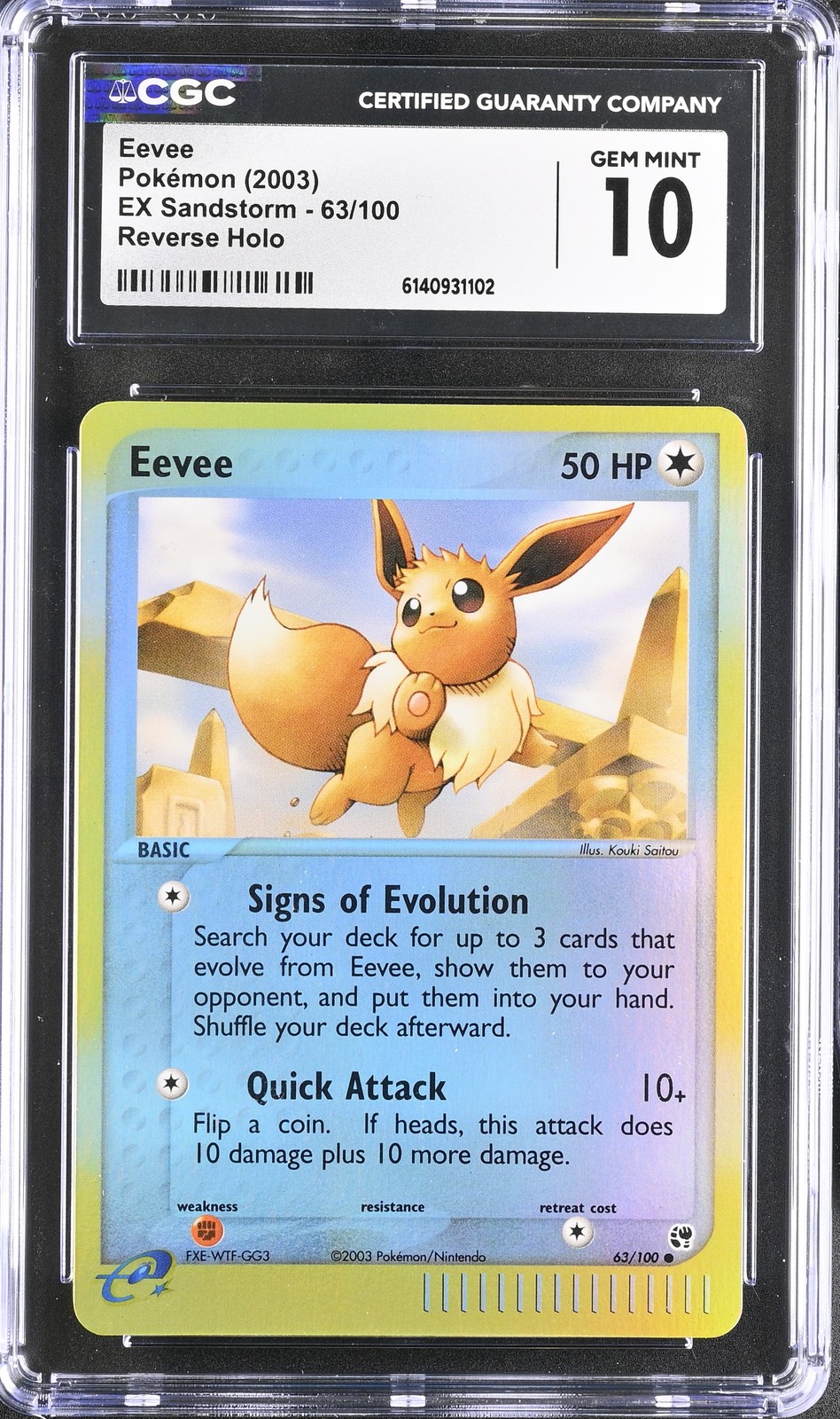 CGC 10 GEM MINT Eevee 63/100 EX Sandstorm Reverse Holo Pokemon Card
