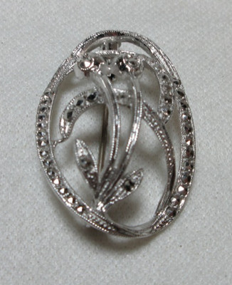 835 SILVER BROOCH PIN FLORAL DESIGN WITH MARCASITES TROMBONE CLASP #100