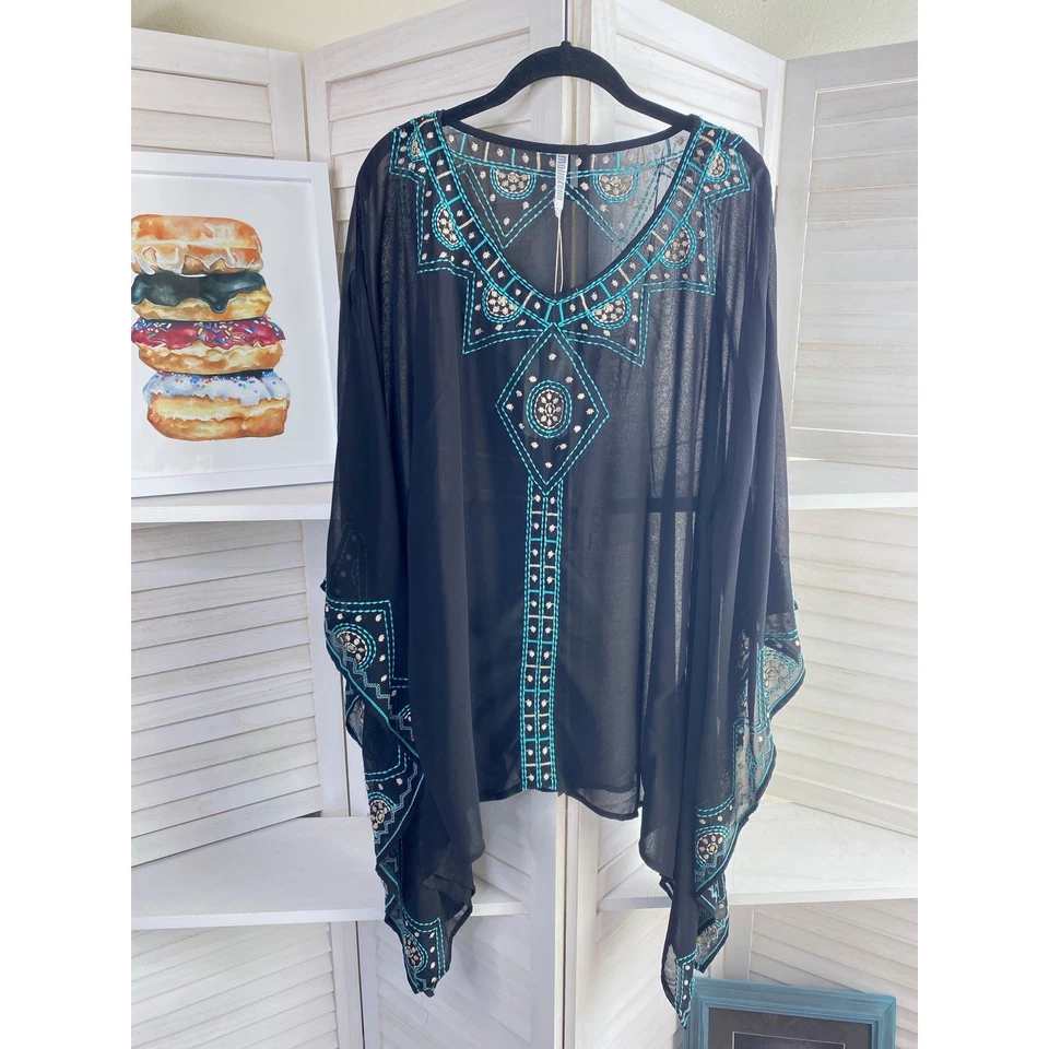 Blusa boho transparente bordada Monoreno negra y azul talla pequeña nueva con etiquetas Foto 4 de 4