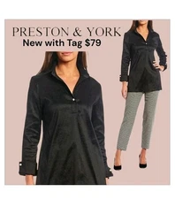 NWT$79 Preston & York Thea Taffeta Cuffed Long Sleeve Point Collor blouse Medium