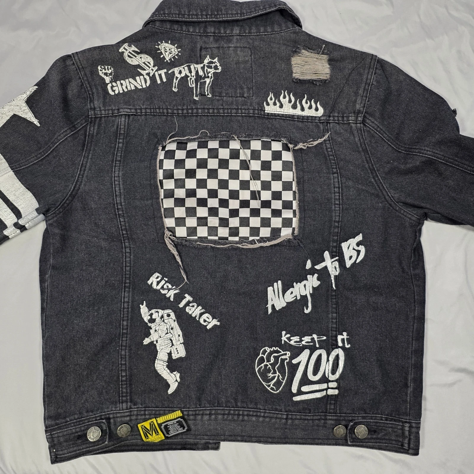 Black Denim Trucker Jacket Mad City Men's L Black White Graphic torn Design
