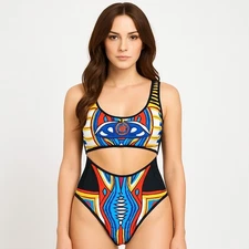 Ekouaer Tribal Print Cutout One Piece Swimsuit Medium High Waist Monokini NWT