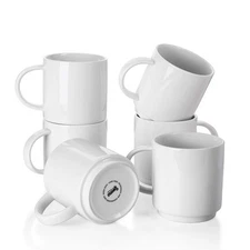 10 Oz Stackable White Coffee Mug, Porcelain Coffee Mugs Sets of 6, Coffee Cup...