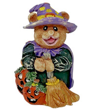 VTG 3" Resin Teddy Bear Witch Purple Costume Holding Broom Halloween Decor