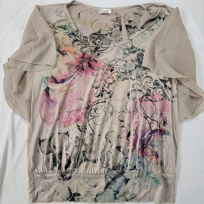 Lavish Plus Women's Short Sleeve Shirt Top Size 2X Mocha Beige Pink Floral