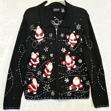 Rebecca Malone Vtg Cute Holiday Ugly Christmas Sweater Santa Full Zip Beaded M