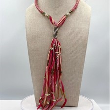MIA Collection Boho Pink Suede Fringe Tassel Statement Necklace Gold Tone Accent