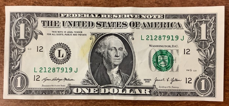 2021 $1 Dollar Bill - Miss-Cut Error Note - San Francisco - Light Circulation