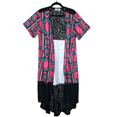 Crazy Train Kimono Duster Aztec Print Pink Teal Black Lace Short Sleeve Bohemian