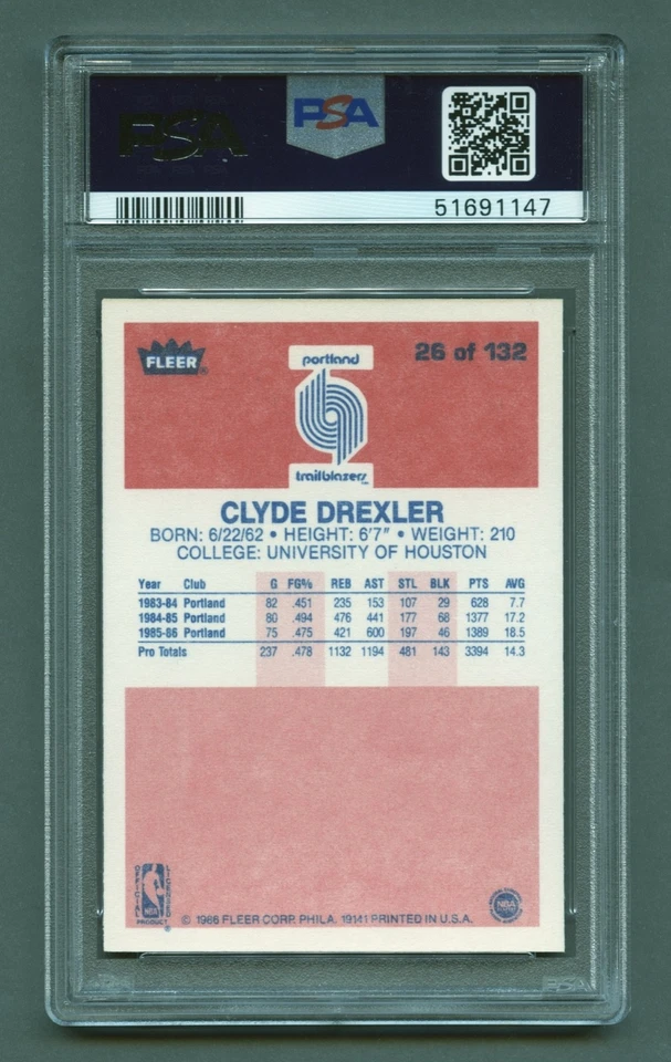 1986 CLYDE DREXLER ROOKIE PSA 9 MINT FLEER HOF PORTLAND TRAILBLAZERS (#26) RZC - Image 2 of 3