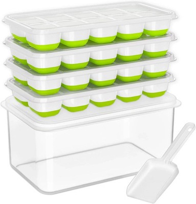 4 Pack Silicone Stackable Ice Cube Tray with Lid and Bin Container for Freezer