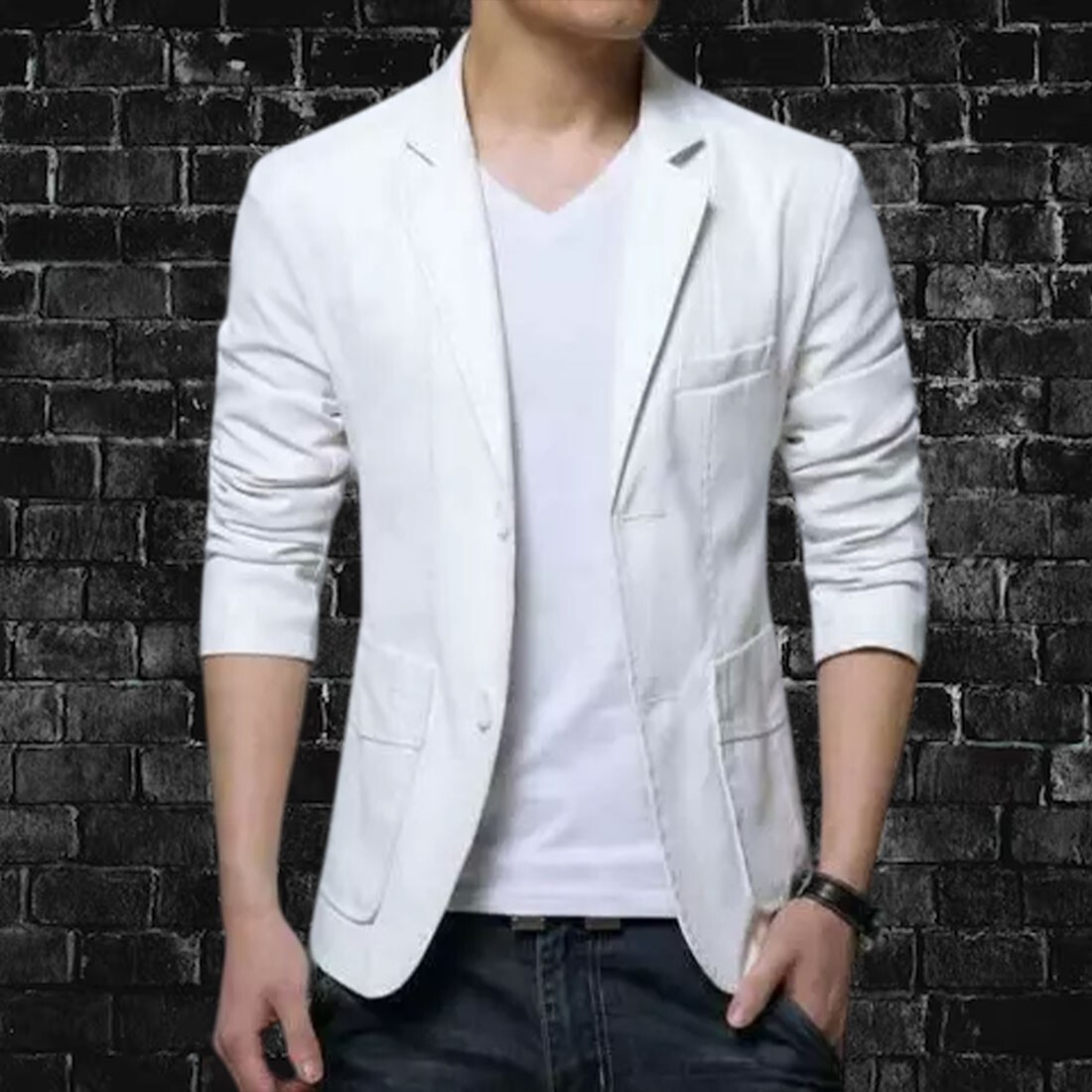 Men's Genuine White Lambskin Leather Blazer Celebrity Style Smart Casual Coat