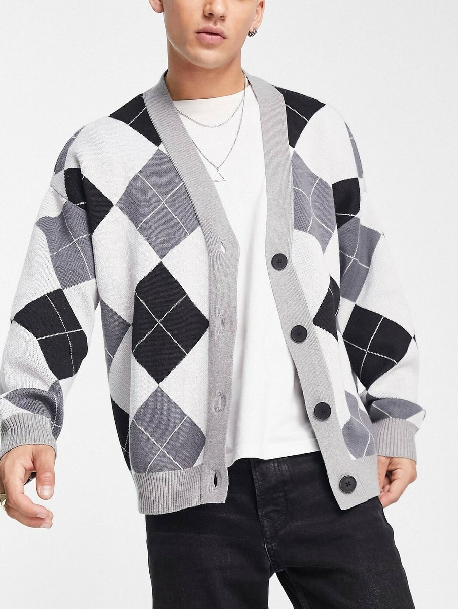 Bershka Argyle Cardigan Black White Charcoal Grey Mens Bershka Argyle Cardigan Black White Charcoal Grey Mens