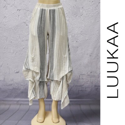 LUUKAA Linen 0224 Lagenlook HOOLAH PANT Ruched Palazzo (sizes 6-20) BEIGE STRIPE