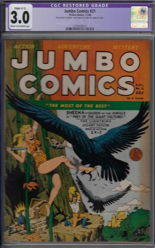 JUMBO COMICS #21- CGC 3.0 (SLIGHT REST) SHEENA CVR- 1940 WWII COMIC